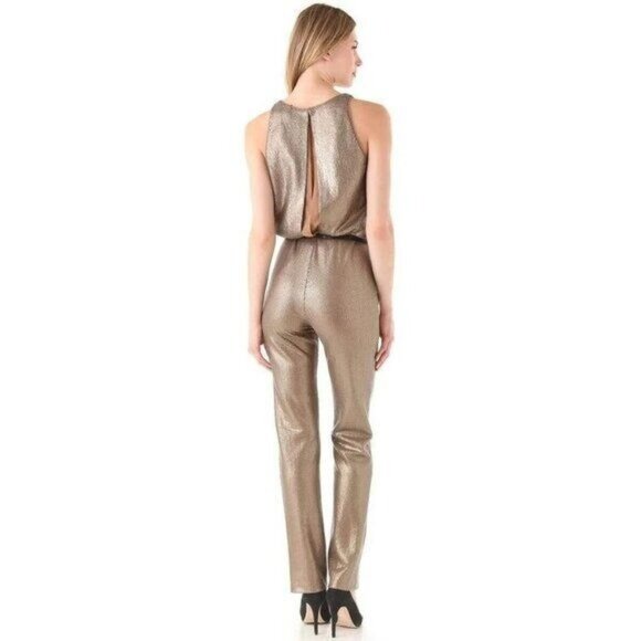 BCBGMaxAzria Gold Sequins Jumpsuit M Cocktail Party Holidays Lowe - Picture 4 of 16